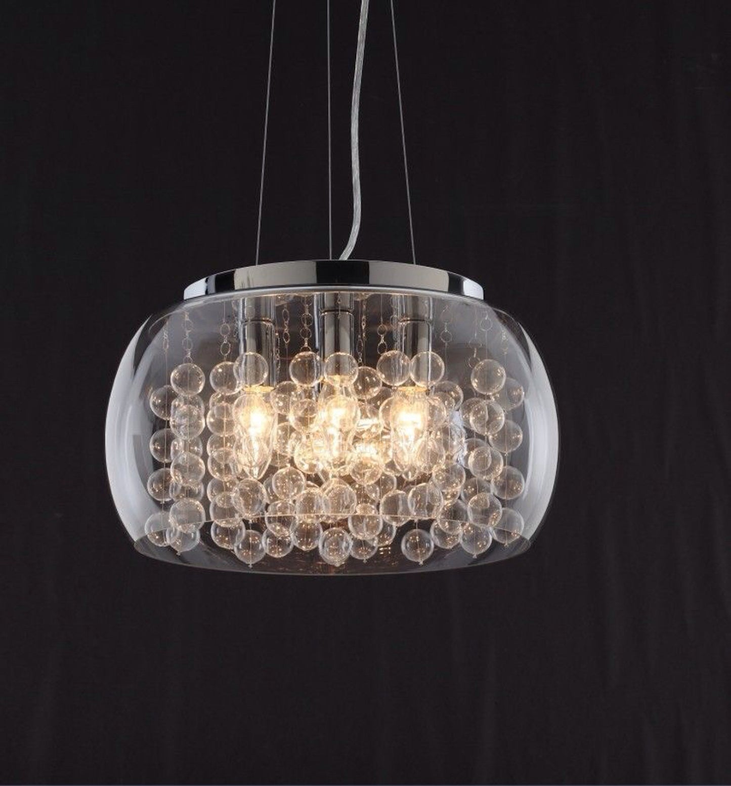 Modern Bubble Glass Round Pendant Lamp – Chrome Finish with Glass Dangles