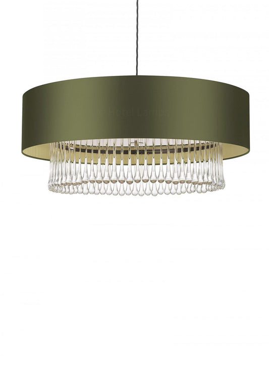 Modern Sage Green Crystal Drop Pendant Light – Elegant Fabric Shade Chandelier