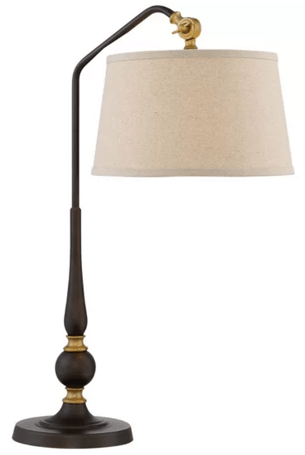 Beige Linen Table Lamp with Burnished Bronze & Antique Brass Accents – 26.5" H x 12" W x 20" D