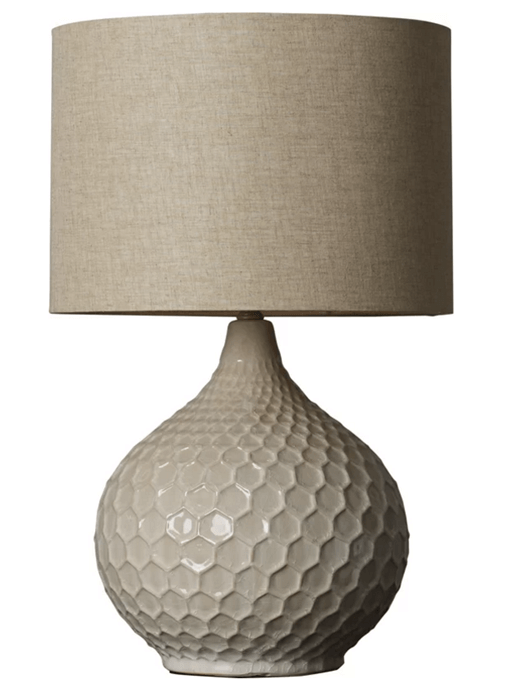 Camel Linen Table Lamp with Ceramic White/Cream Body – Elegant Design, 25.5" H x 14" W