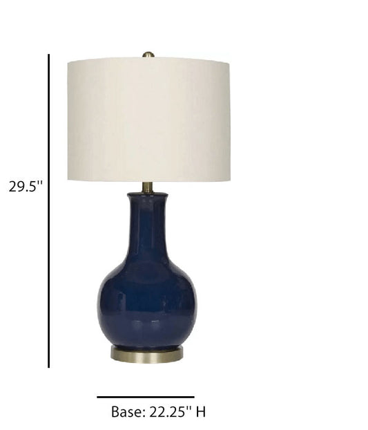 Ivory Linen Table Lamp with Navy Blue Ceramic Body – Elegant Design, 29.5" H x 16" W