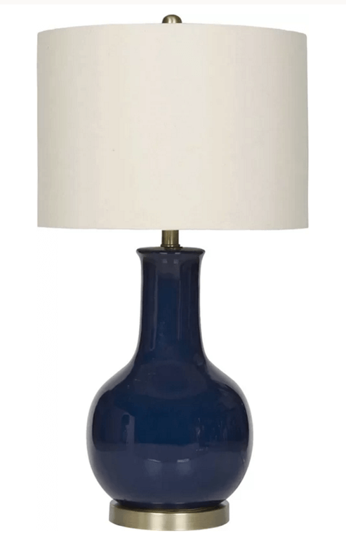 Ivory Linen Table Lamp with Navy Blue Ceramic Body – Elegant Design, 29.5" H x 16" W