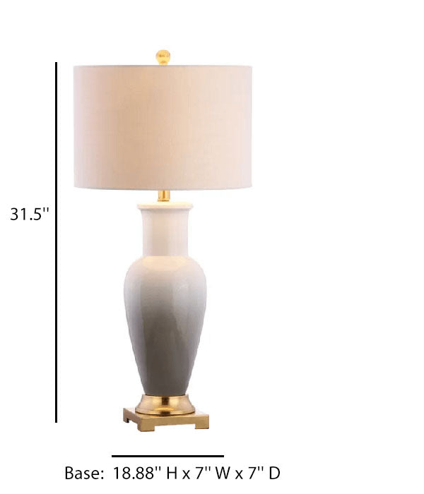 White Linen Table Lamp with White/Gray Ceramic Body & Gold Leaf Accents – 31.5" H x 15" W