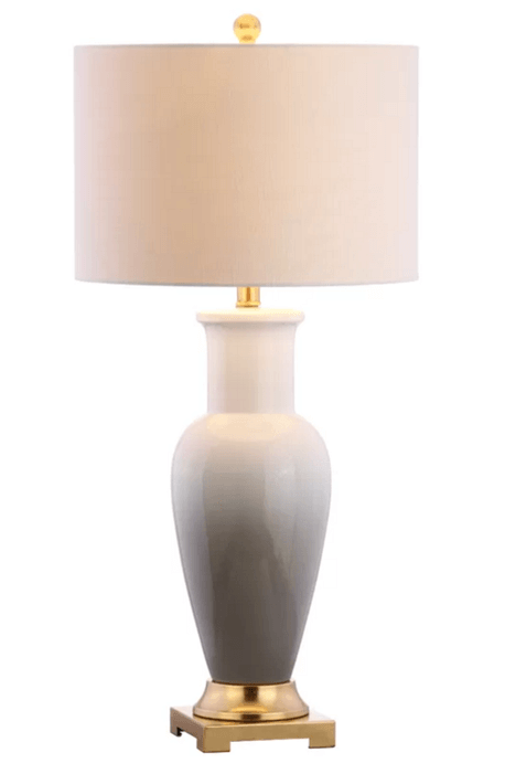 White Linen Table Lamp with White/Gray Ceramic Body & Gold Leaf Accents – 31.5" H x 15" W