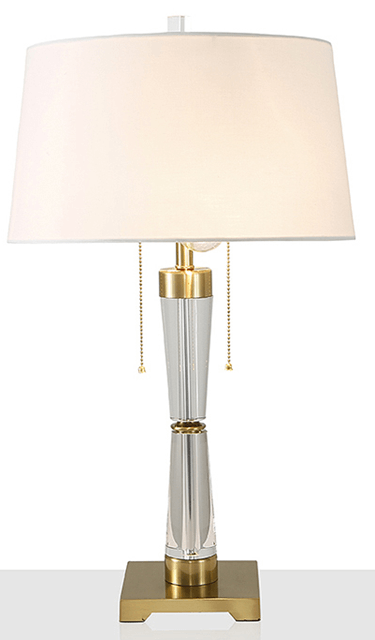 Off-White Linen Table Lamp with Crystal Body & Brass Accents – 15" x 15" x 26.8" H
