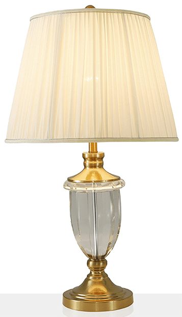 Off-White Linen Table Lamp with Crystal Body & Brass Accents – 15" x 15" x 26.8" H