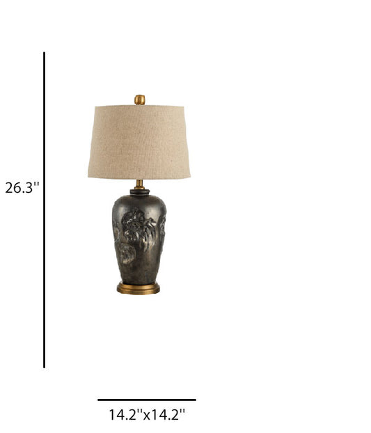 Beige Linen Table Lamp with Blackened Metal Body & Antique Bronze Accents – 14.2" x 14.2" x 26.3" H
