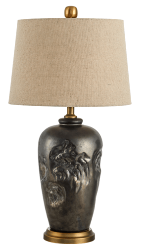 Beige Linen Table Lamp with Blackened Metal Body & Antique Bronze Accents – 14.2" x 14.2" x 26.3" H