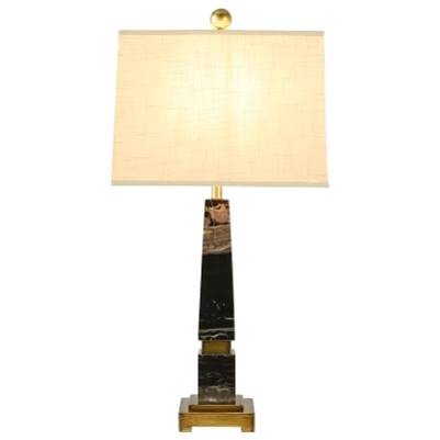 Off-White Linen Table Lamp with Antique Bronze Metal & Black Marble Body – 15" DIA x 28.3" H