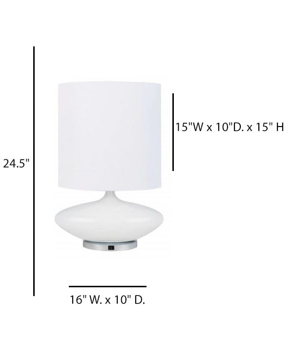 HGI Guest Room Table Lamp – High Gloss White & Polished Chrome with Oval White Linen Shade