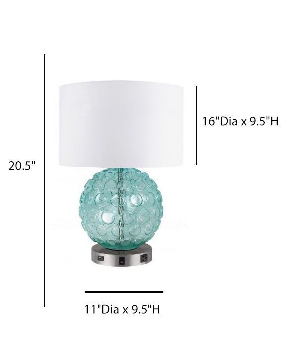 Home2 Chelsea Nightstand Table Lamp – Aqua Glass Base with Satin Nickel, USB & Convenience Outlet