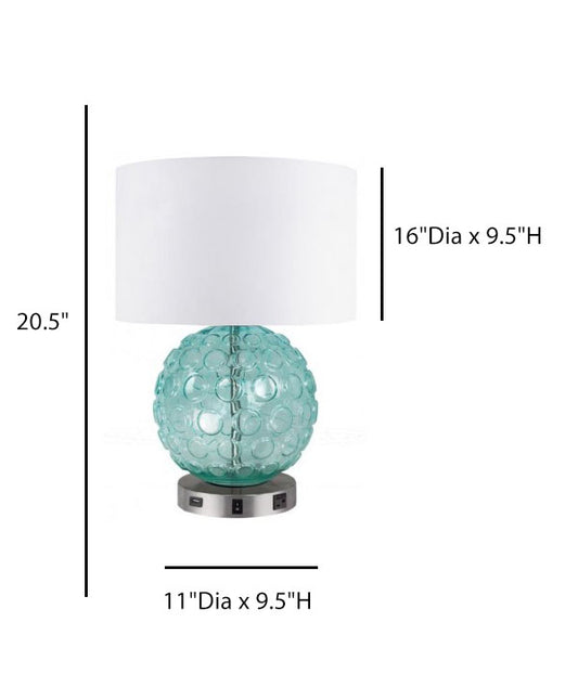 Home2 Chelsea Nightstand Table Lamp – Aqua Glass Base with Satin Nickel, USB & Convenience Outlet