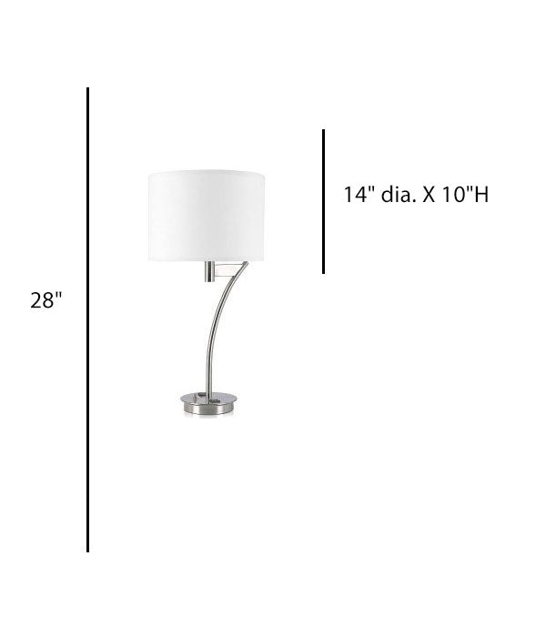 Table Lamp for Cobblestone Hotel – Brushed Nickel with White Hardback Shade and Outlets