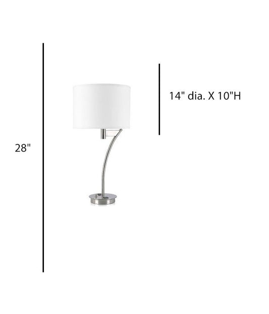 Table Lamp for Cobblestone Hotel – Brushed Nickel with White Hardback Shade and Outlets