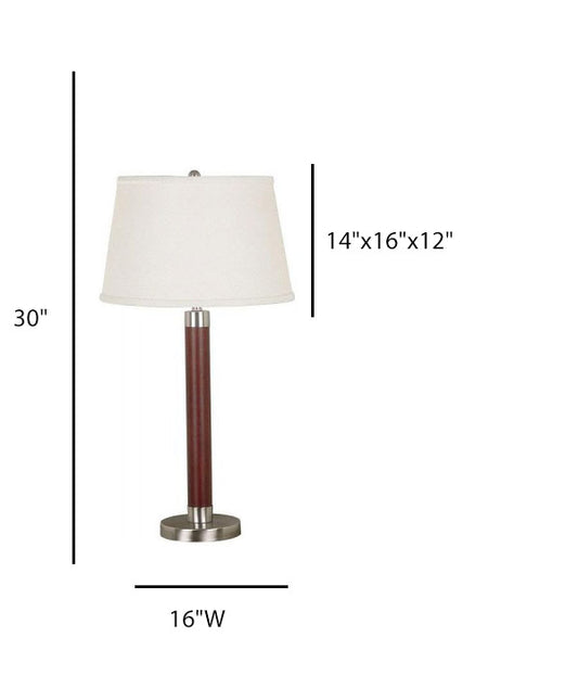 Hotel Table Lamp – Walnut Painted Wood with Satin Nickel Base and White Linen Shade