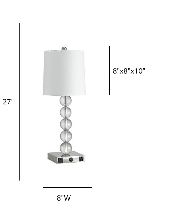 Guestroom Table Lamp with Outlets – Brushed Nickel & Clear Glass Base with White Linen Shade