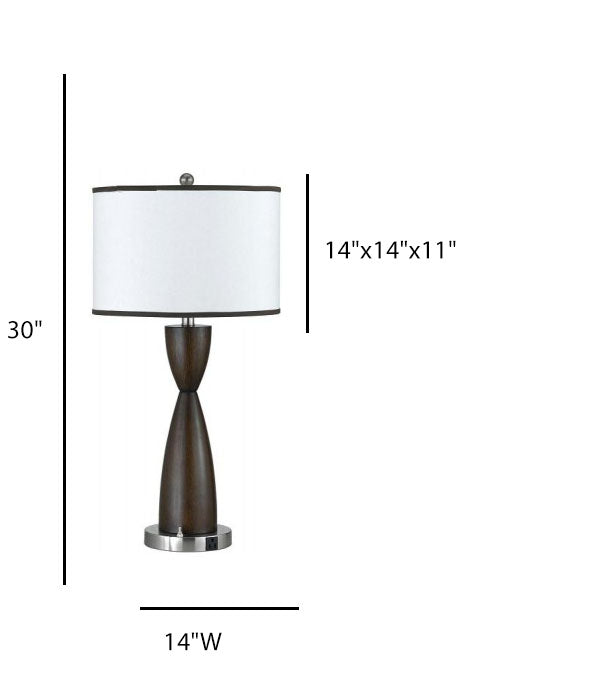 Wooden Table Lamp for Hotel – Satin Nickel Base with White Linen Shade and Power Outlet
