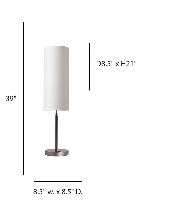 Hotel Nightstand Table Lamp with Cylinder Shade – Brushed Nickel Finish with White Shade