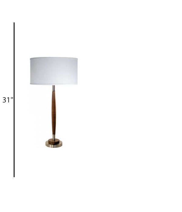 Hotel Guestroom Nightstand Table Lamp – Satin Nickel Metal Base with Wood Body and White Linen Shade