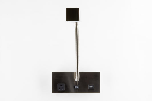 LED Polished Chrome Wall Reading Lamp with USB & Outlet – Frosted Clear Shade (HLW10010)