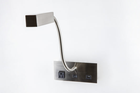 LED Polished Chrome Wall Reading Lamp with USB & Outlet – Frosted Clear Shade (HLW10010)