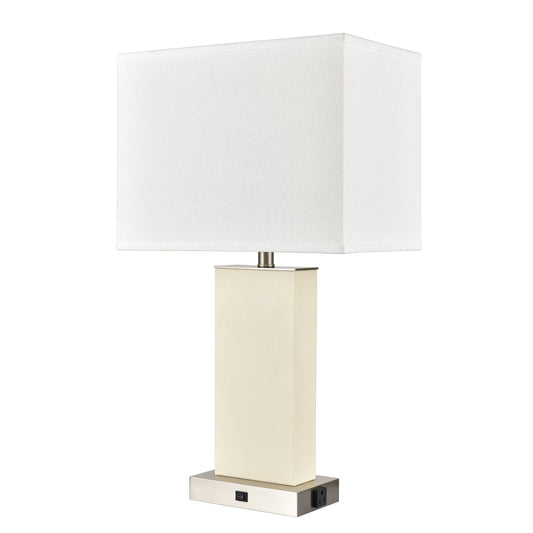 Plated Brushed Nickel Table Lamp – 75W E26, White Fabric Shade, One Outlet