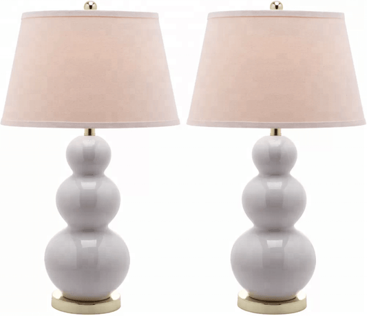 White Ceramic Table Lamp with Off-White Linen Shade & Brass Accents – HLHT7025