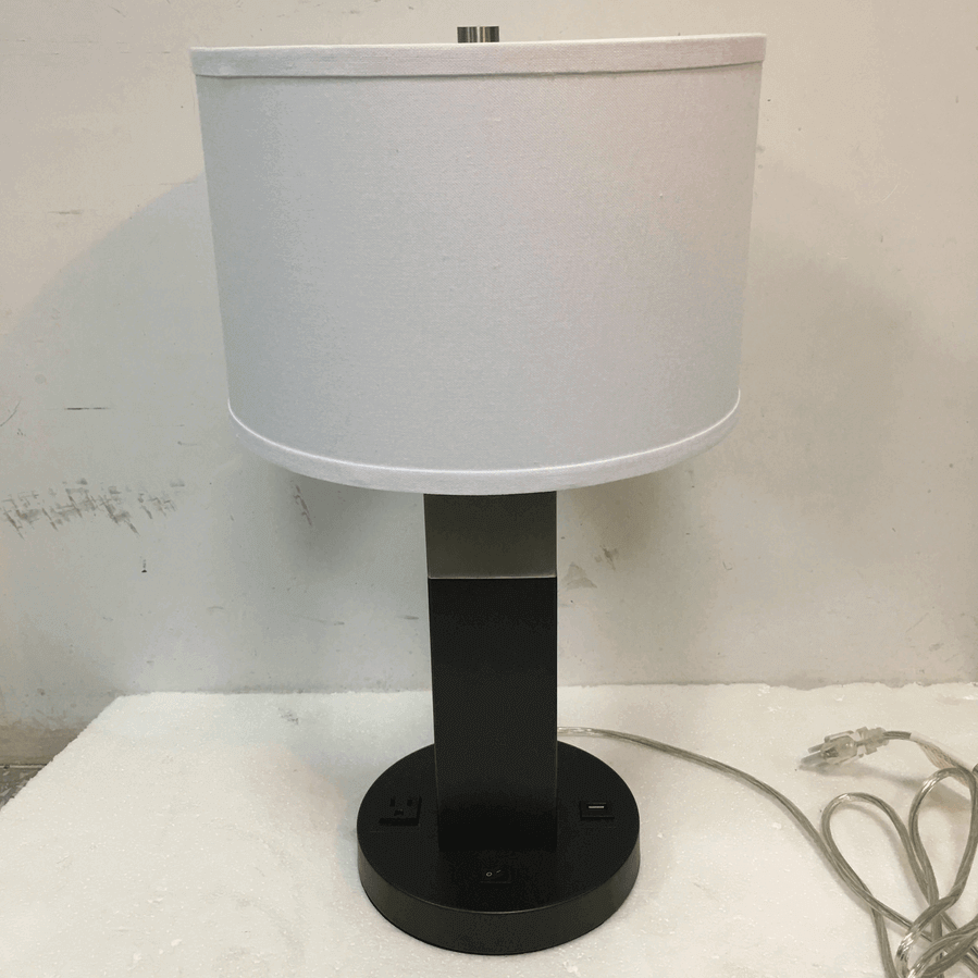 Customized Table Lamp with Dual Outlets, USB Ports & Geometric Glass Column – HLHT7017