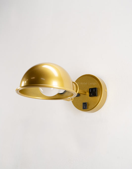 Industrial Style Wall Lamp – Brass Finish with USB & Outlet, Wall-Mounted Bedside Light