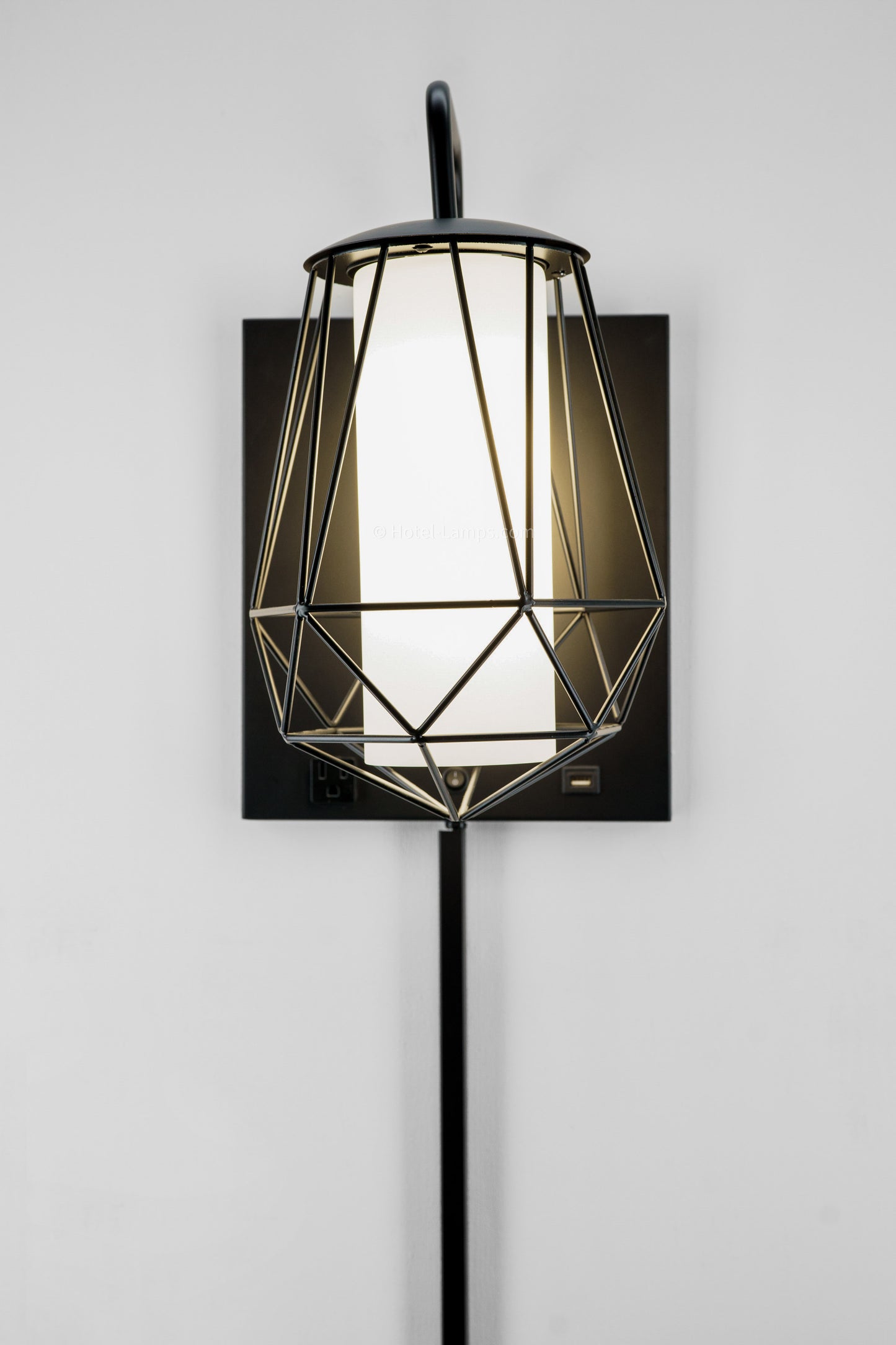 Industrial Metal Diamond Cage Wall Lamp with Outlet & USB Port – Frosted Acrylic Shade (IMDCWL-HL)