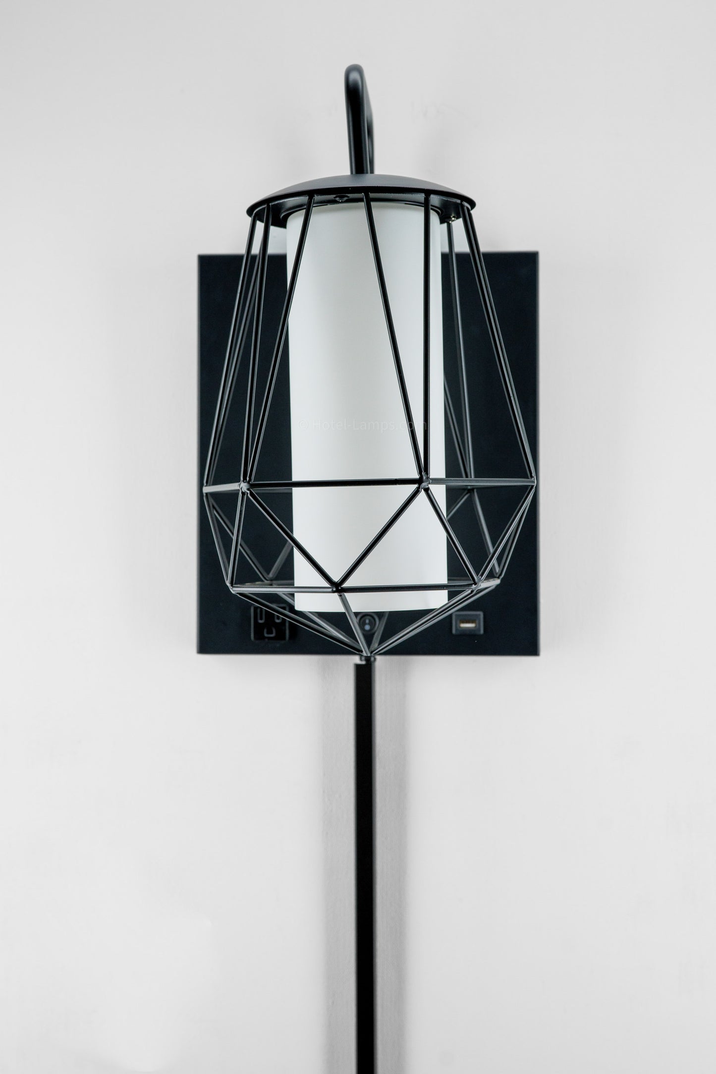 Industrial Metal Diamond Cage Wall Lamp with Outlet & USB Port – Frosted Acrylic Shade (IMDCWL-HL)