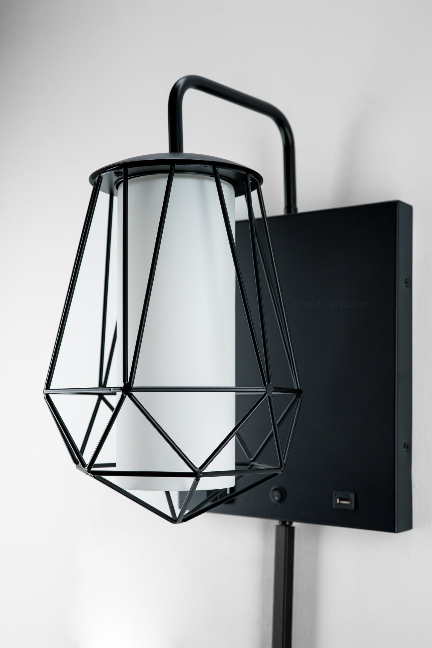 Industrial Metal Diamond Cage Wall Lamp with Outlet & USB Port – Frosted Acrylic Shade (IMDCWL-HL)
