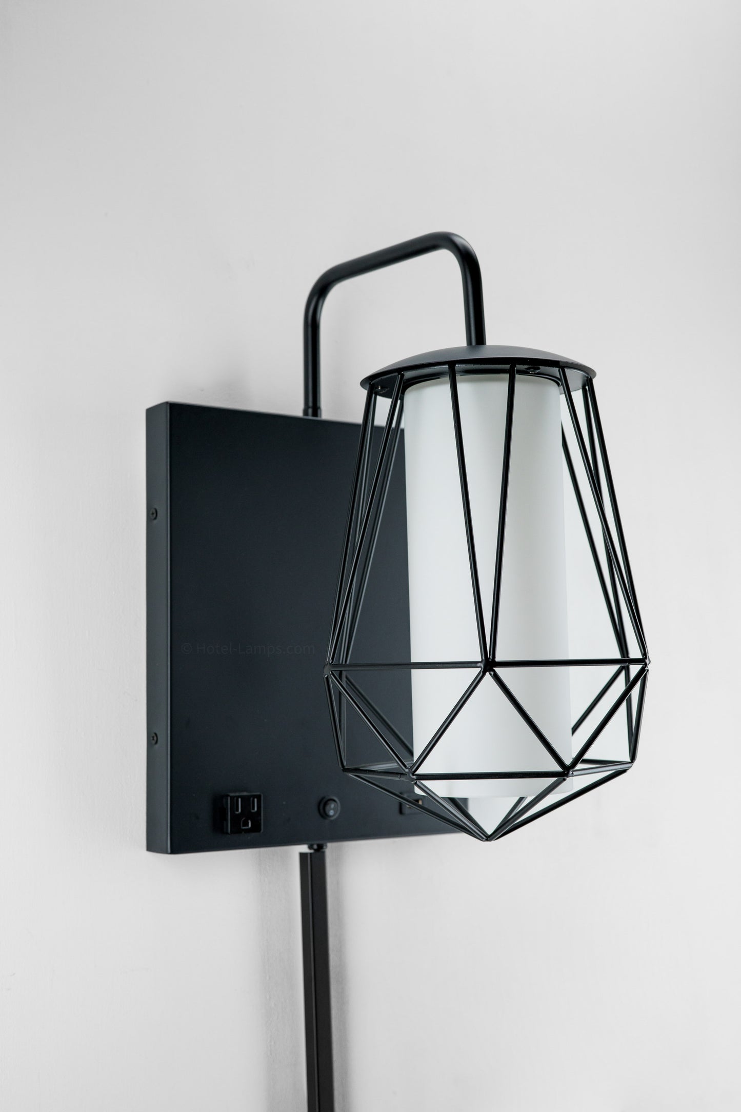 Industrial Metal Diamond Cage Wall Lamp with Outlet & USB Port – Frosted Acrylic Shade (IMDCWL-HL)