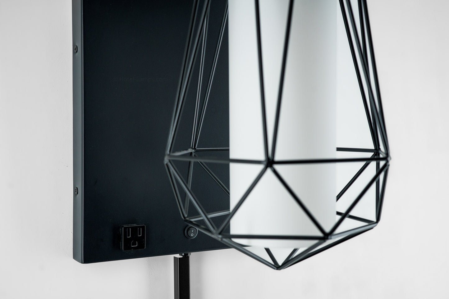 Industrial Metal Diamond Cage Wall Lamp with Outlet & USB Port – Frosted Acrylic Shade (IMDCWL-HL)