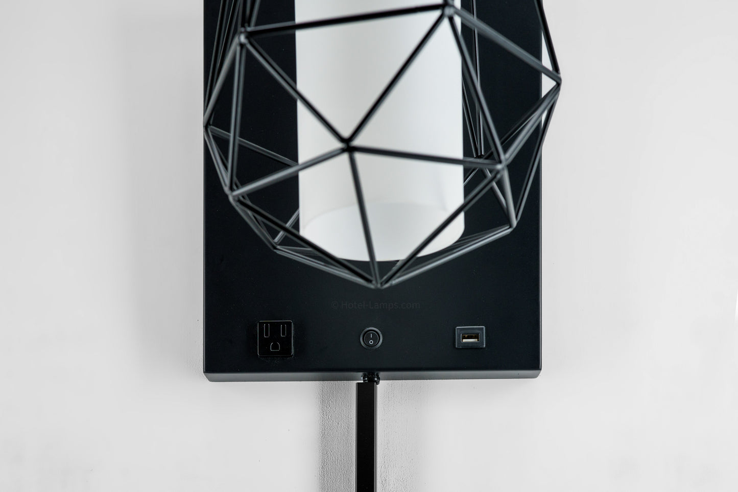 Industrial Metal Diamond Cage Wall Lamp with Outlet & USB Port – Frosted Acrylic Shade (IMDCWL-HL)