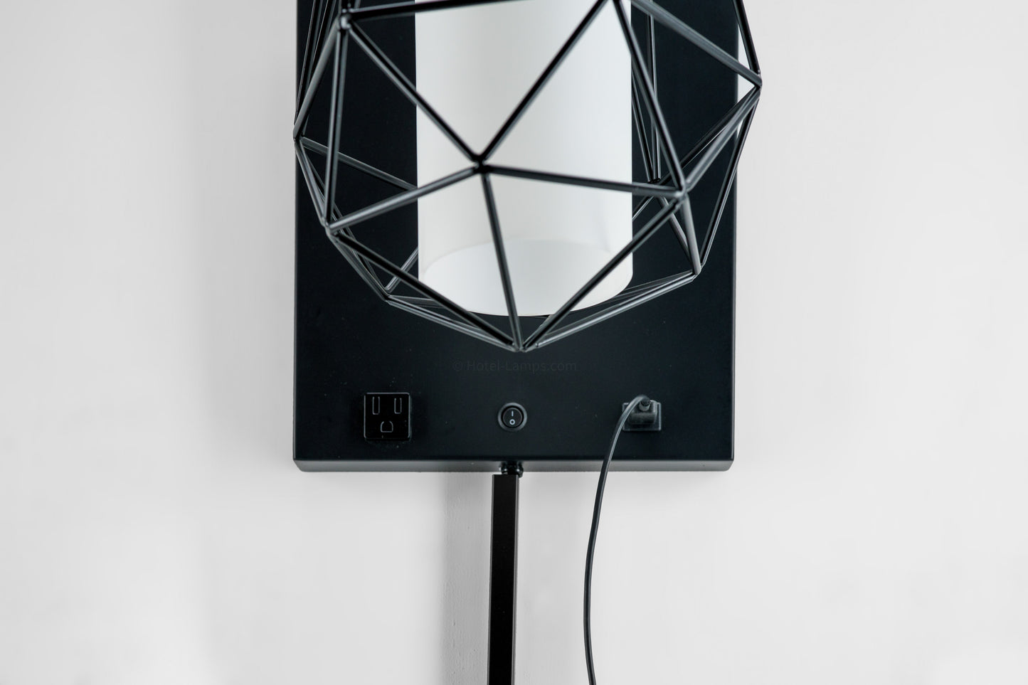 Industrial Metal Diamond Cage Wall Lamp with Outlet & USB Port – Frosted Acrylic Shade (IMDCWL-HL)