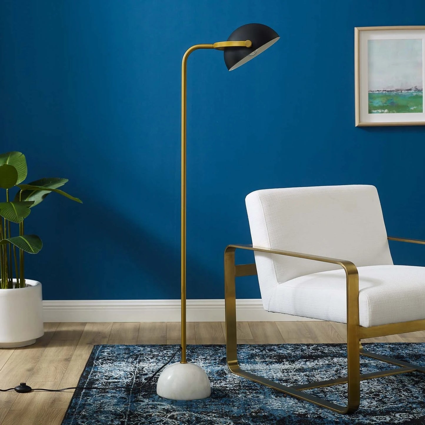 Convey Floor Lamp – Bronze Stem with White Marble Base and Matte Black Shade