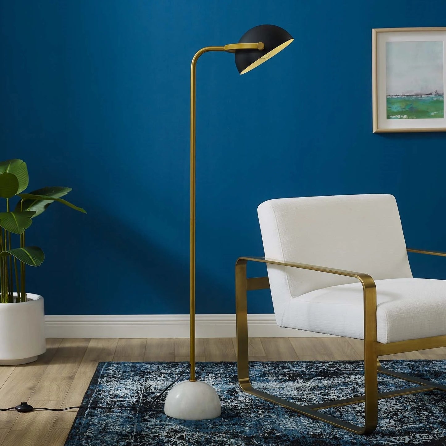 Convey Floor Lamp – Bronze Stem with White Marble Base and Matte Black Shade