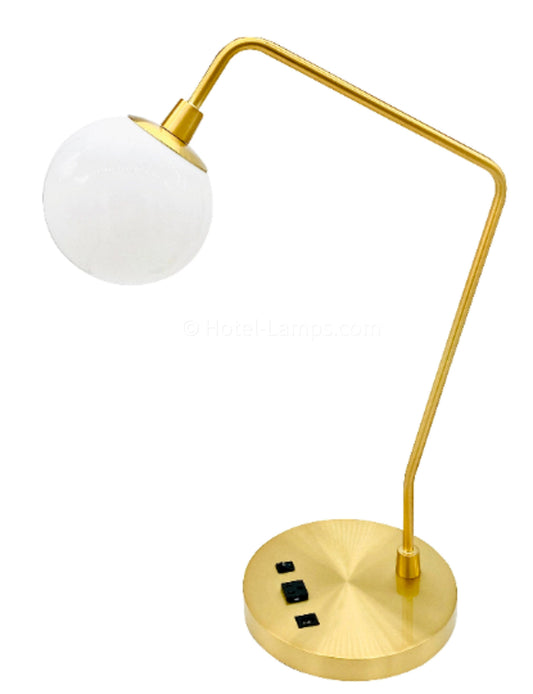 Mid-Century Modern Gold Table Lamp – Slim Tubular Design with Globe Shade, USB & Outlet