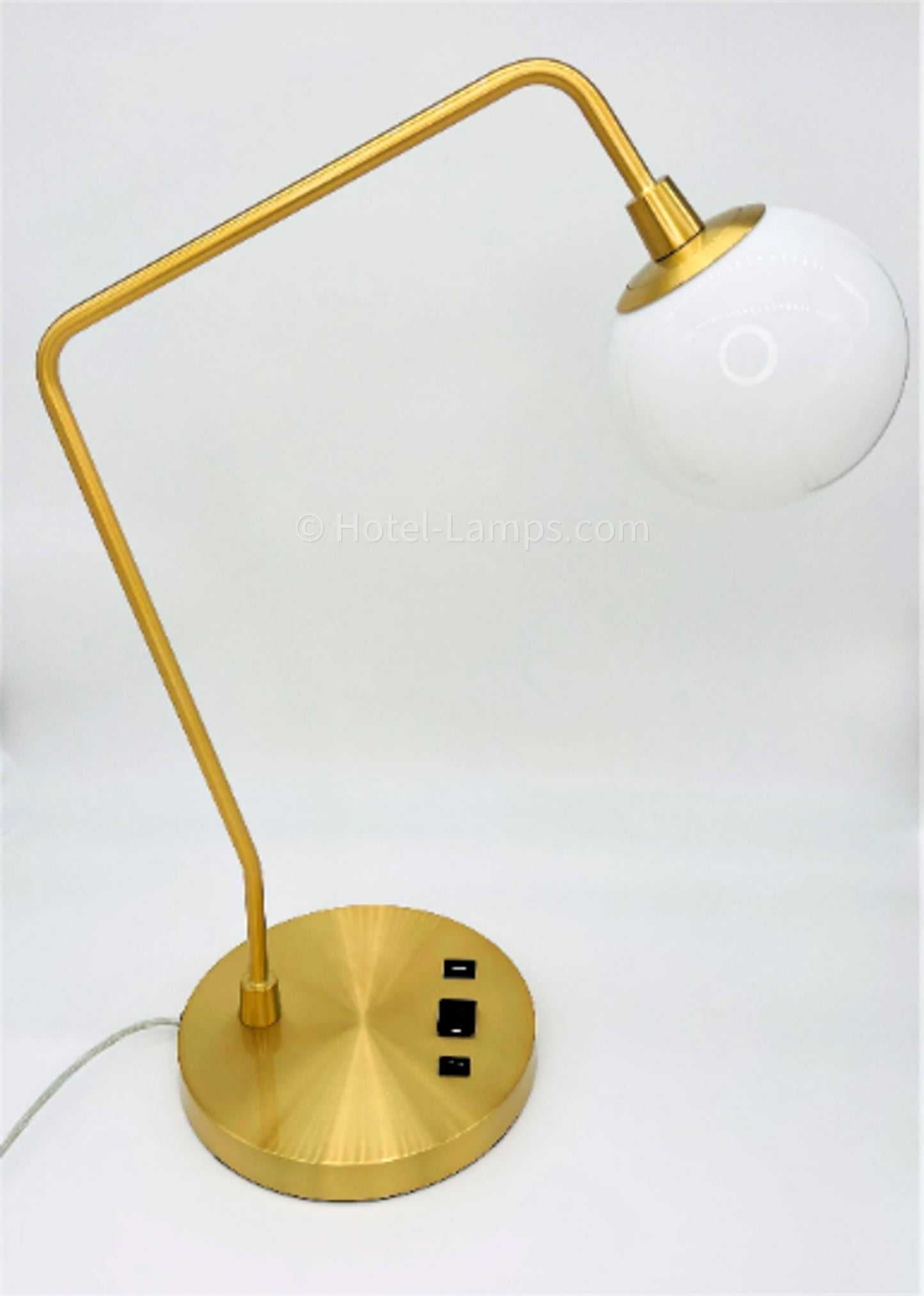 Mid-Century Modern Gold Table Lamp – Slim Tubular Design with Globe Shade, USB & Outlet