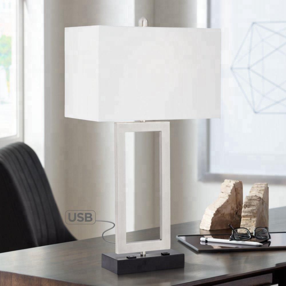 Brushed Nickel Metal Flat Tube Table Lamp with USB & Power Outlet – HLHT7030