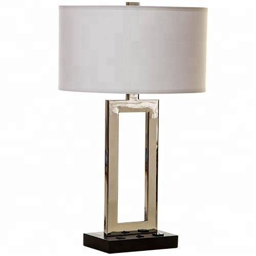 Brushed Nickel Metal Flat Tube Table Lamp with USB & Power Outlet – HLHT7030