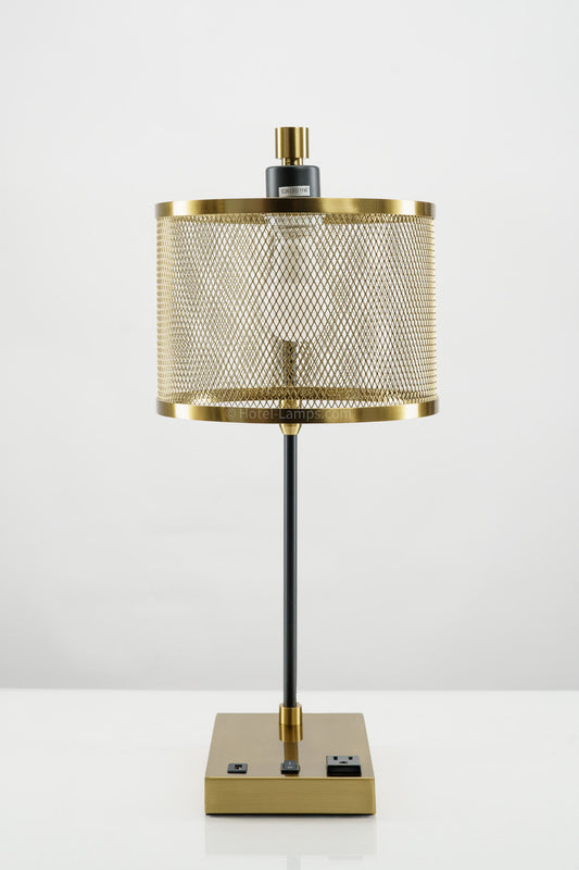 Metal Mesh Perforated Table Lamp – Brass Finish with USB & Outlet Ports