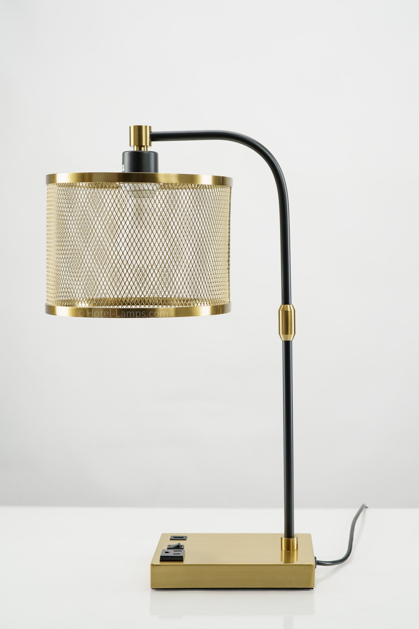 Metal Mesh Perforated Table Lamp – Brass Finish with USB & Outlet Ports