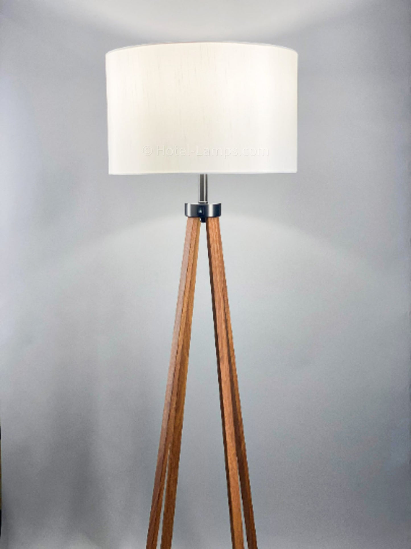 Mid-Century Quadpod Floor Lamp – Wood Grain Finish with White Fabric Shade