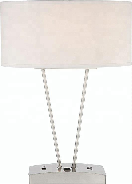 Modern Silver Table Lamp with USB Ports & Dual Power Outlets – HLHT7027