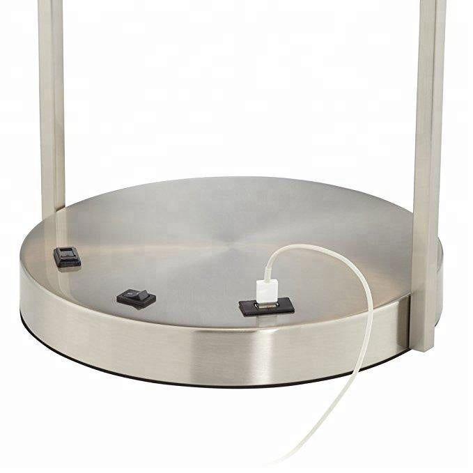 Modern Brushed Nickel Table Lamp with USB & Power Outlet – HLHT7028