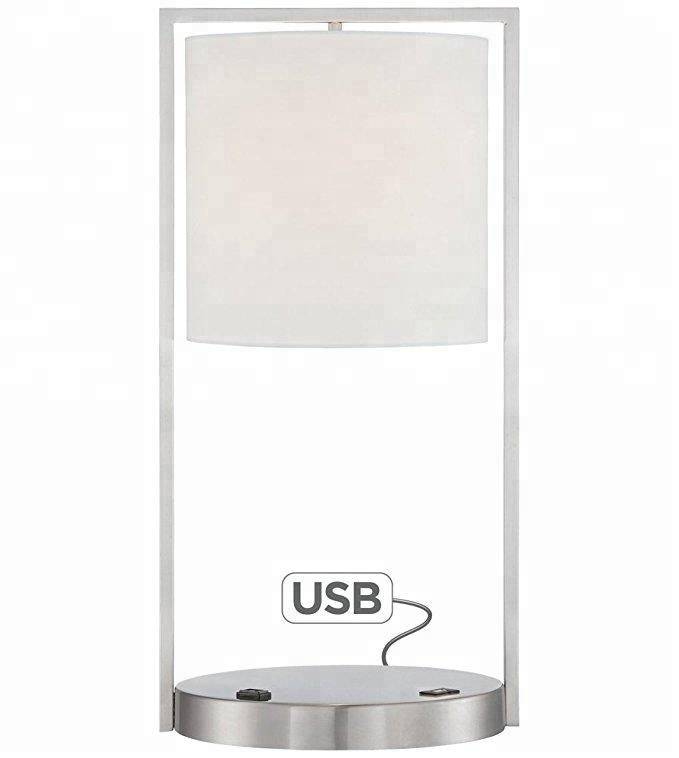 Modern Brushed Nickel Table Lamp with USB & Power Outlet – HLHT7028