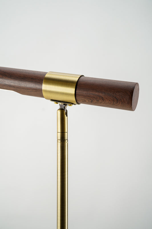 Modern Linear LED Table Lamp with USB & Outlet Ports – Brass Base, Rotatable Faux Wood Light