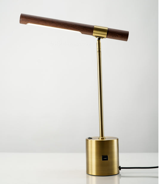 Modern Linear LED Table Lamp with USB & Outlet Ports – Brass Base, Rotatable Faux Wood Light